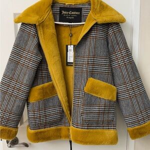 NWT Juicy Couture Black Label Plaid Jacket Faux Fur Trip Size M